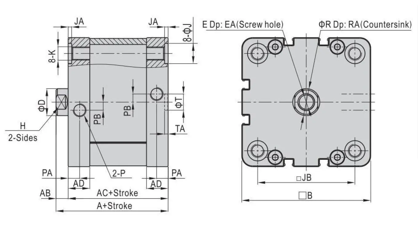 PNEUMAT SYSTEM Siłownik Pneumatyczny kompaktowy z jednostronnym tłoczyskiem ISO21287. Średnica tłoka 100mm skok 50mm D100x50, FNSKI100.0050