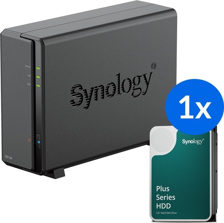 Synology DS124 /8T 1-zatokowy serwer NAS w zestawie z dyskiem o łącznej pojemności 8TB, Tower