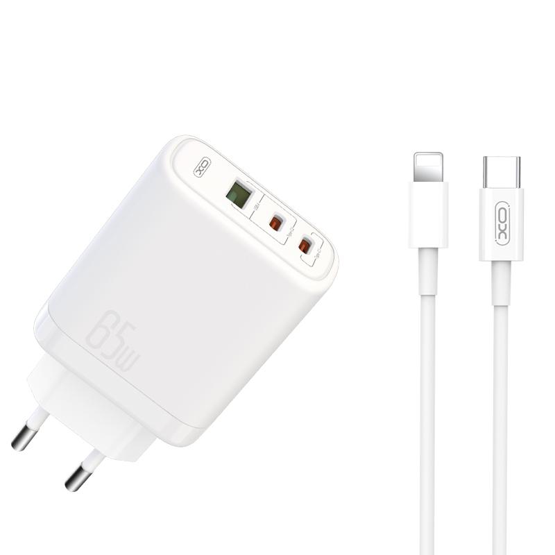 XO Ładowarka sieciowa CE04 PD 65W QC 4 45W 1x USB 2x USB-C biaa + kabel USB-C - Lightning