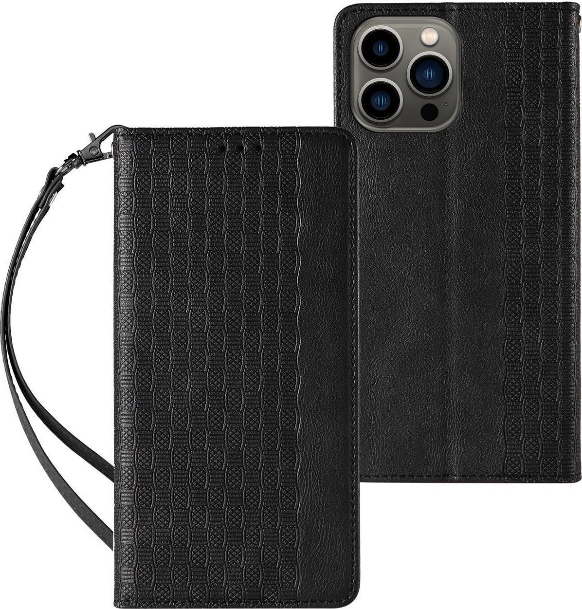 Magnet Strap Case etui do iPhone 13 Pro Max pokrowiec portfel + mini smycz zawieszka czarny