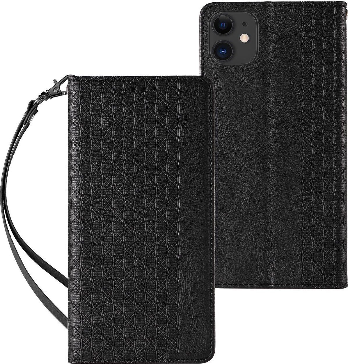 Magnet Strap Case etui do iPhone 12 pokrowiec portfel + mini smycz zawieszka czarny