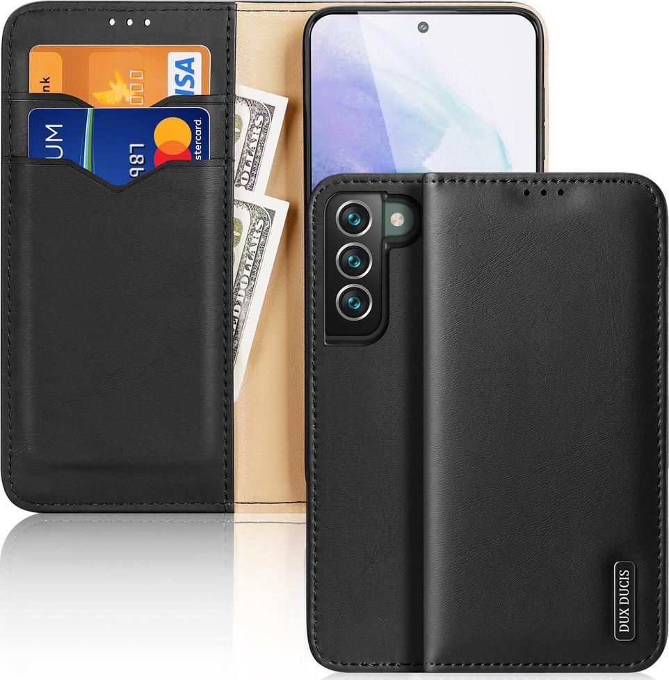 Dux Ducis Hivo skrzane etui z klapk pokrowiec ze skry naturalnej portfel na karty i dokumenty Samsung Galaxy S22+ (S22 Plus) czarny