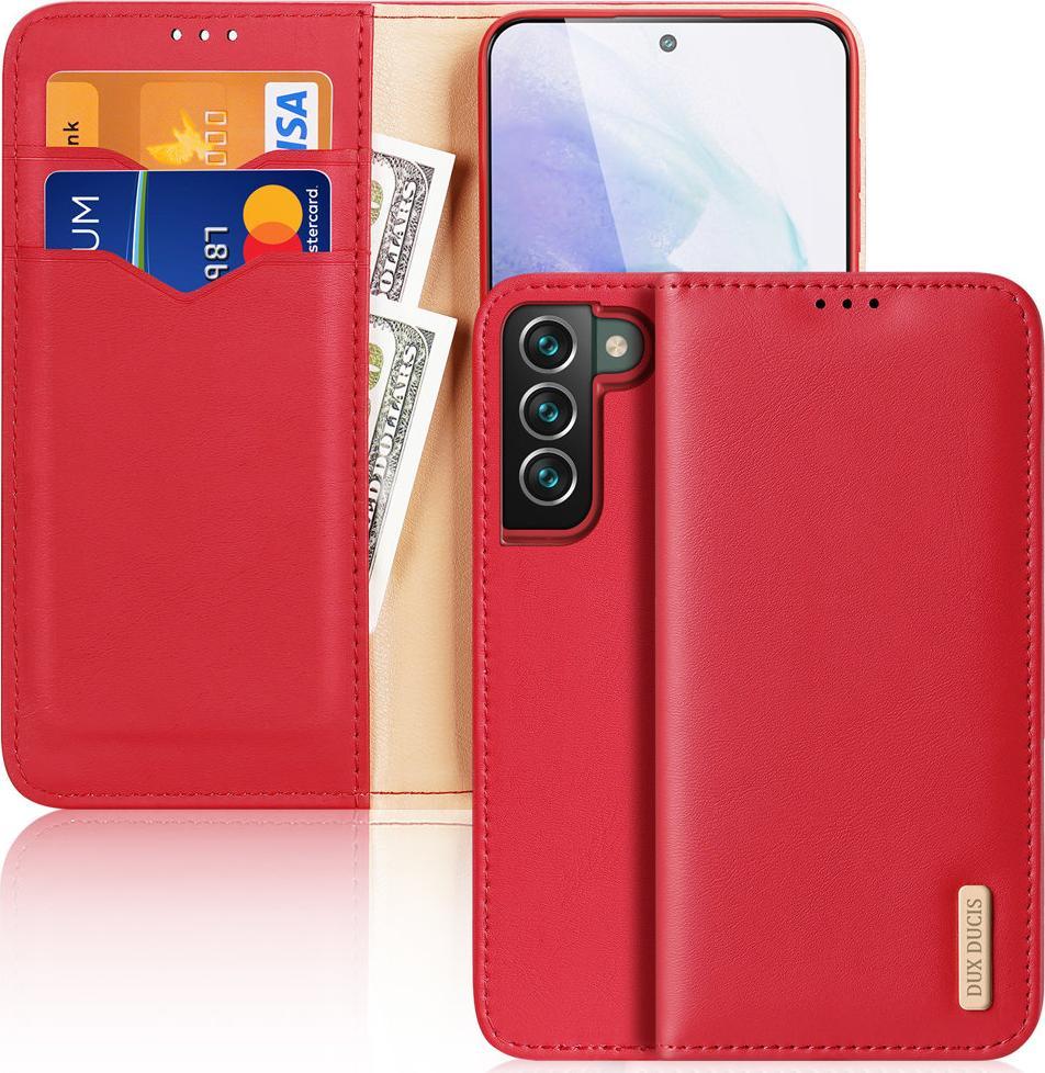 Dux Ducis Hivo skrzane etui z klapk pokrowiec ze skry naturalnej portfel na karty i dokumenty Samsung Galaxy S22+ (S22 Plus) czerwony