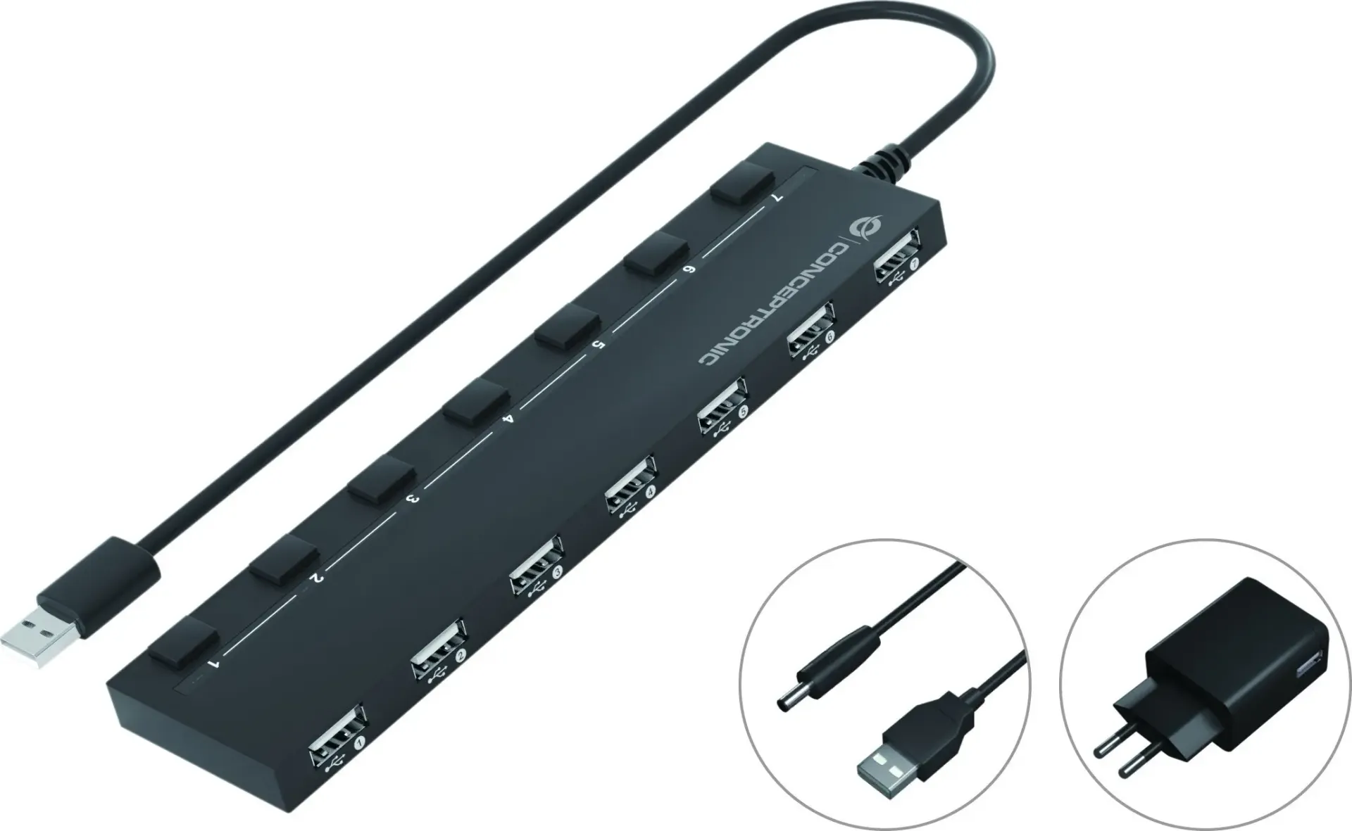 HUB USB Conceptronic CONCEPTRONIC USB-Hub 7-Port 2.0 ->7x2.0 extra m.Netzteil sw