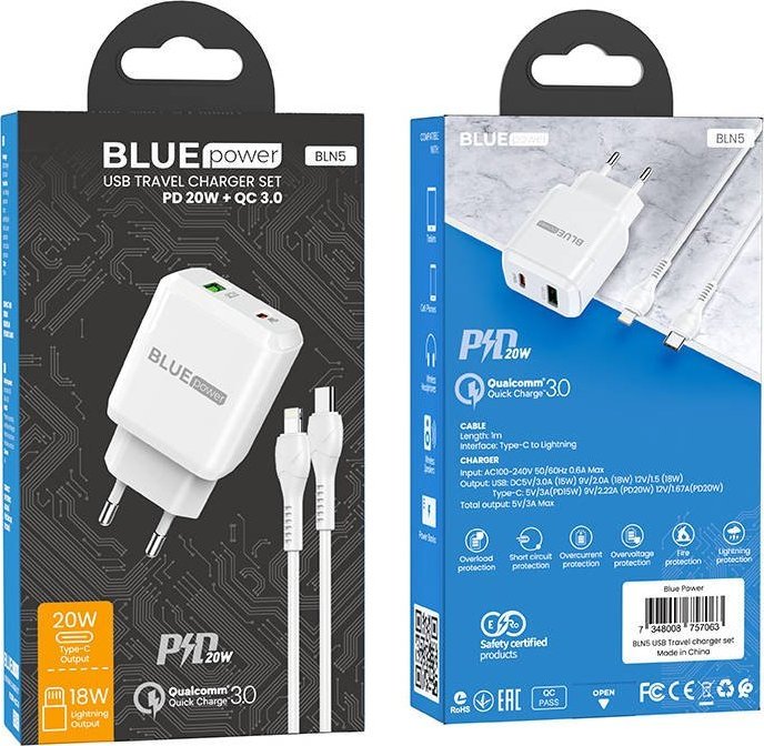 Ładowarka Blue Power BLUE POWER ŁADOWARKA SIECIOWA PD20W+QC3.0 KABEL LIGHTNING BIAŁY standard