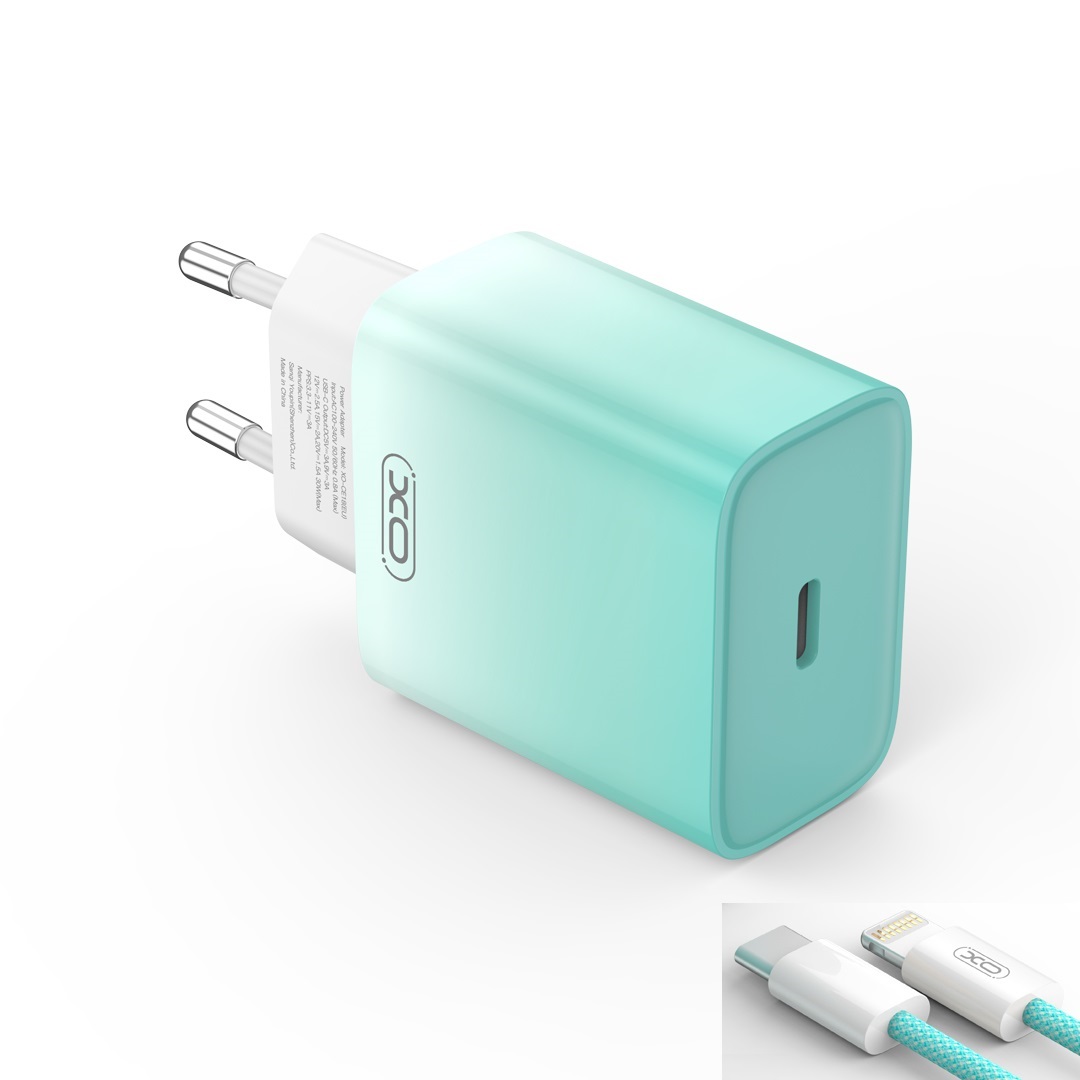 Фото - Зарядний пристрій XO ładowarka sieciowa CE18 PD 30W 1x USB-C niebiesko-biała + kabel USB-C - Lightning