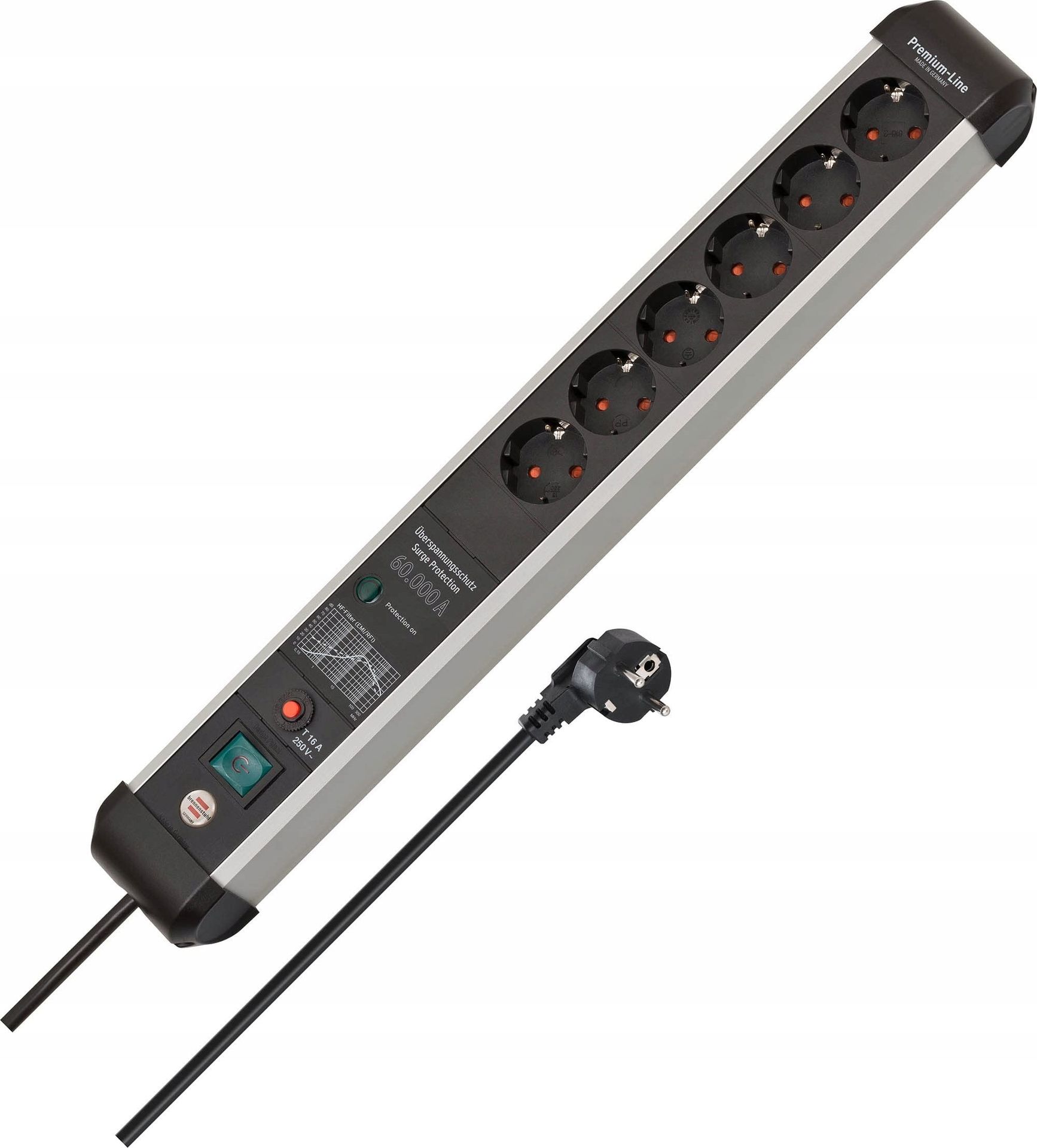 Premium-Protect-Line Steckdosenleiste 6-fach (schwarz/aluminium, 5 metrów, 60.000A Schutz zabezpieczający)