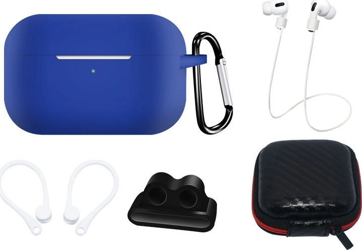Zestaw silikonowe etui AirPods Pro 2 / AirPods Pro 1 + futerał / zaczep na ucho / pasek na szyję / uchwyt na pasek zegarka / karabińczyk - niebieskie