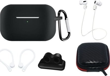 Zestaw silikonowe etui AirPods Pro 2 / AirPods Pro 1 + futerał / zaczep na ucho / pasek na szyję / uchwyt na pasek zegarka / karabińczyk - czarne