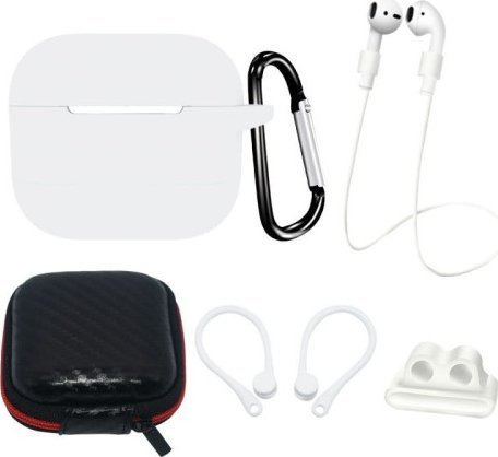 Zestaw silikonowe etui AirPods 3 + futerał / zaczep na ucho / pasek na szyję / uchwyt na pasek zegarka / karabińczyk - białe