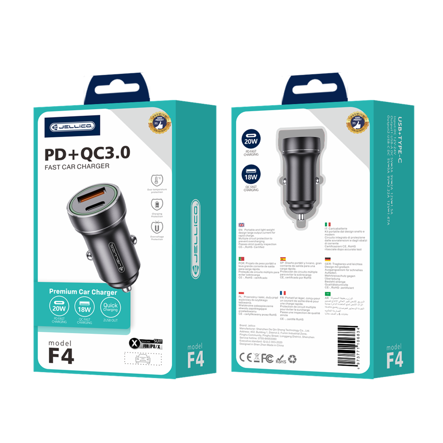 JELLICO ładowarka samochodowa F4 PD 20W 1xUSB-C + 1xUSB QC3.0 + kabel Lightning Czarny