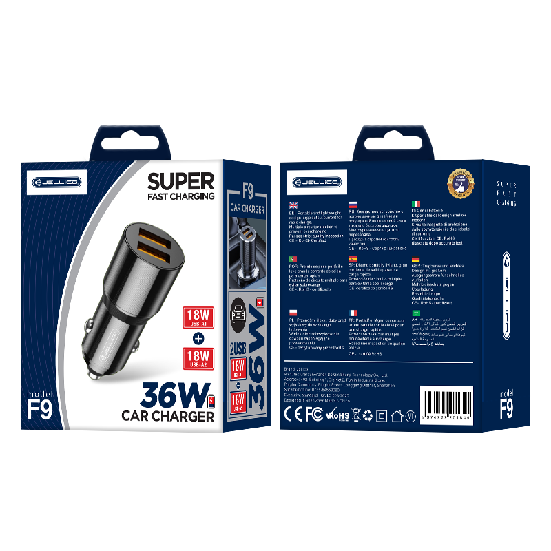 JELLICO ładowarka samochodowa F9 36W 2xUSB QC3.0 Czarny