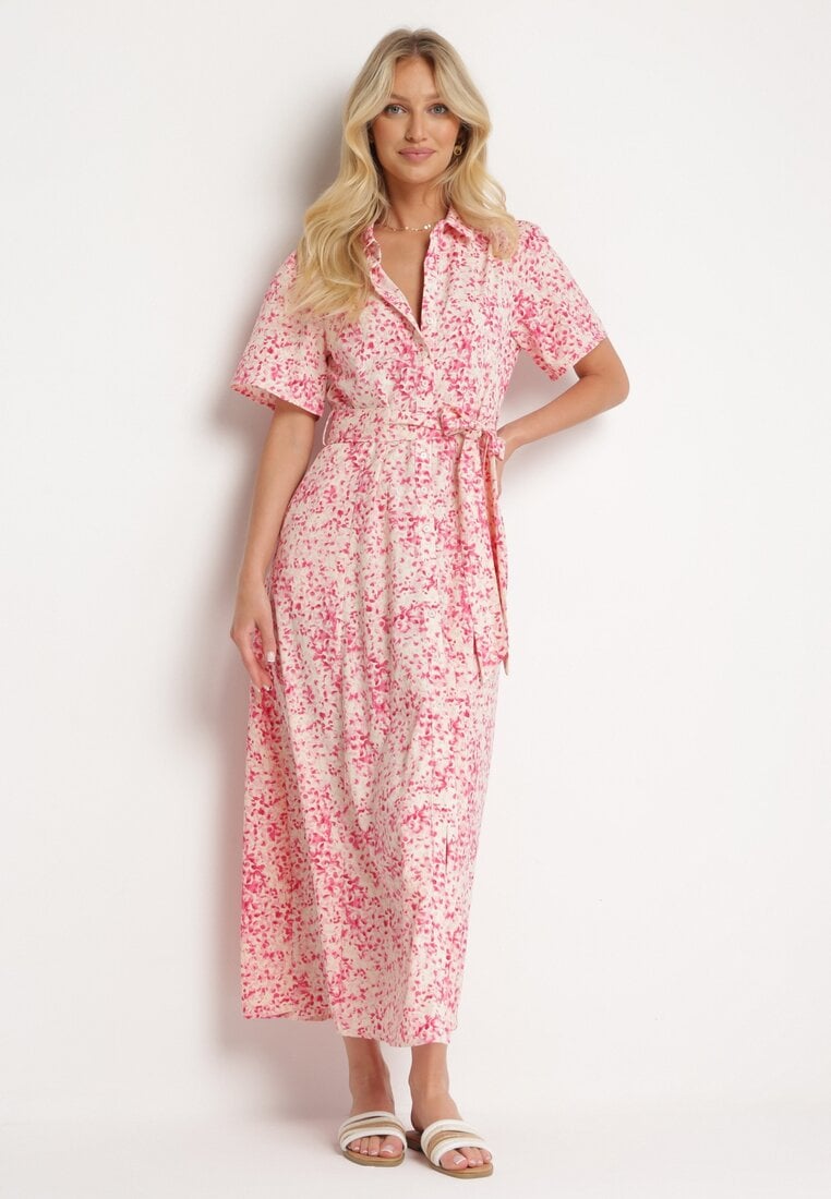 Różowa Koszulowa Sukienka w Kwiaty Zapinana na Guziki z Materiałowym Paskiem Eseria
