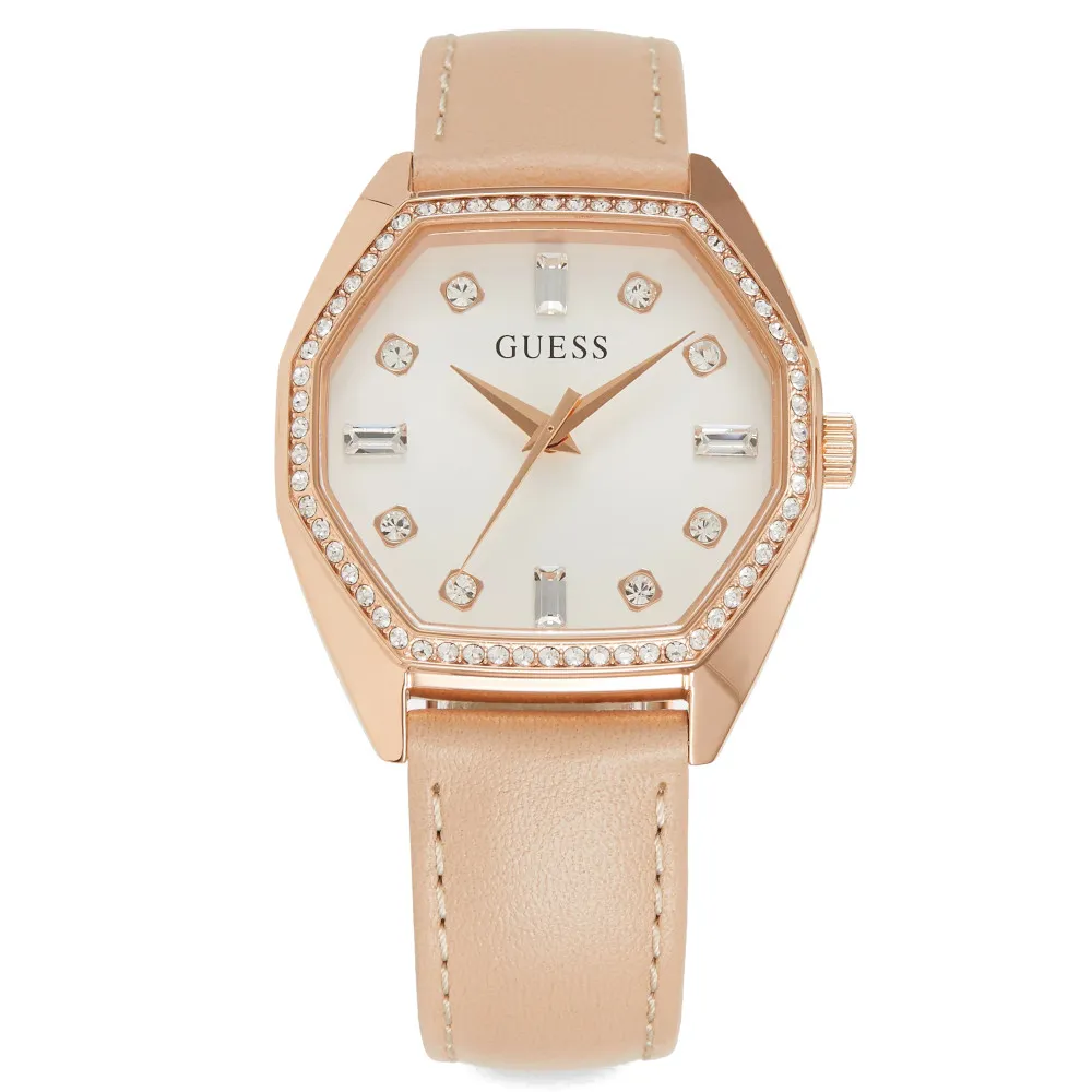 Guess Plush zegarek damski różowozłoty z kremowym paskiem GW0688L3