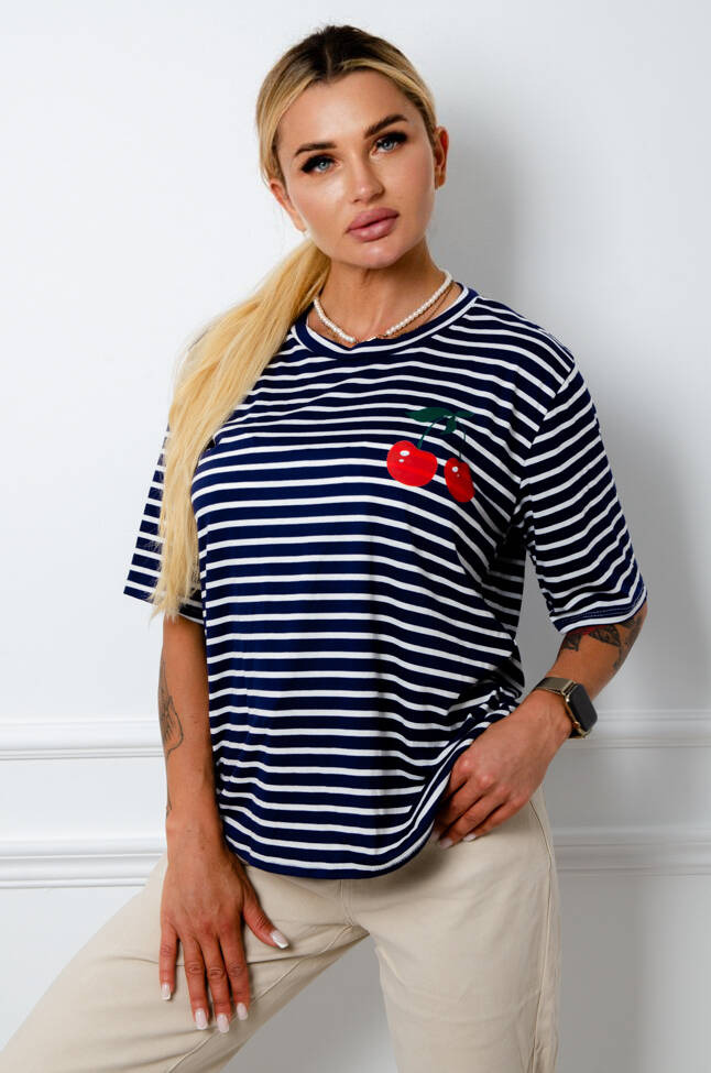 T-SHIRT W PASKI Z OZDOBNĄ APLIKACJĄ- GRANATOWY - Olika
