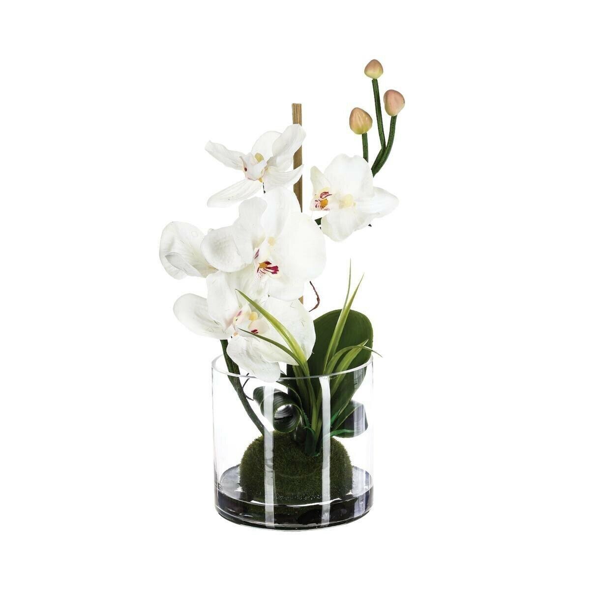 Sztuczna orchidea ze szklanym wazonem biała