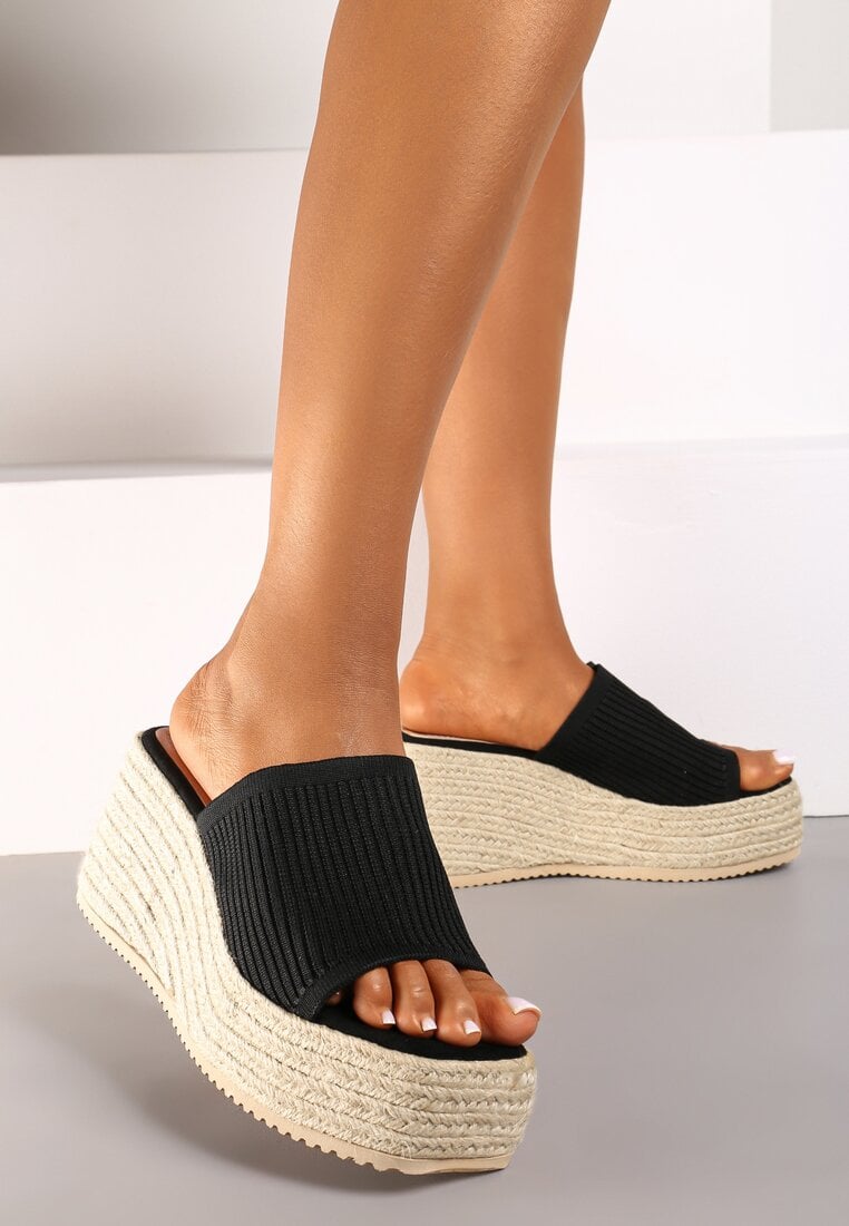 Czarne Casualowe Klapki w Stylu Boho na Koturnie z Plecionką Neltara