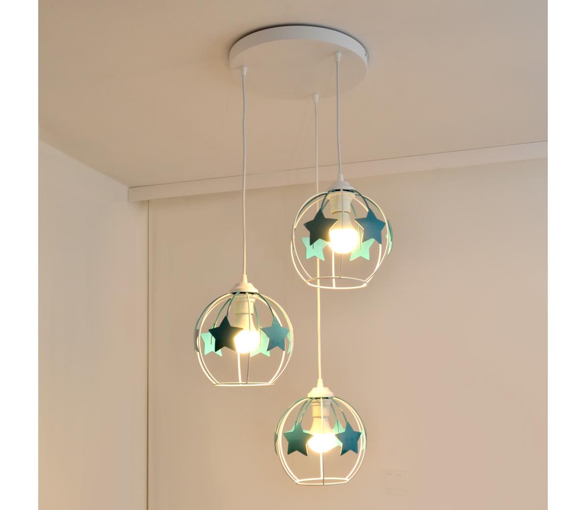 Żyrandol dziecięcy na lince STARS 3xE27/15W/230V turkusowy/biały