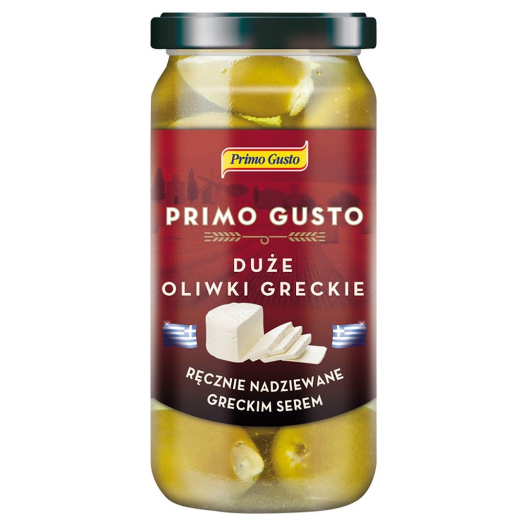 Primo Gusto Duże oliwki greckie ręcznie nadziewane greckim serem 230 g