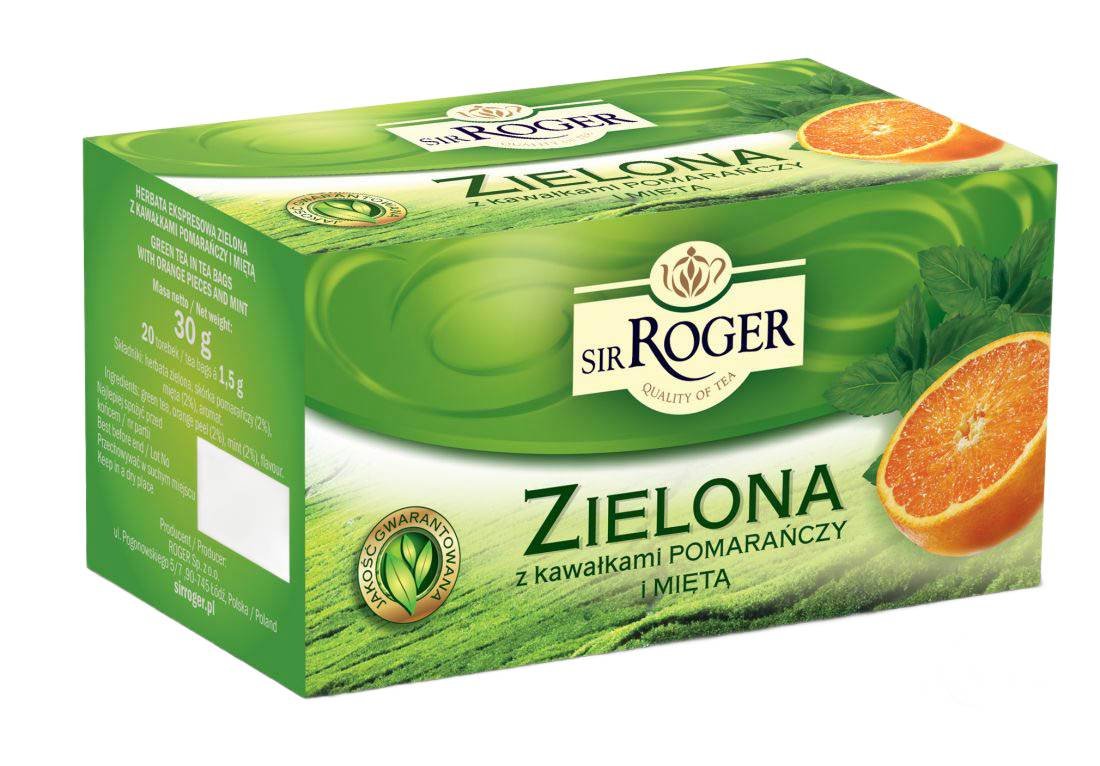 Sir Roger Herbata zielona ekspresowa z kawałkami pomarańczy i mięty 30 torebek