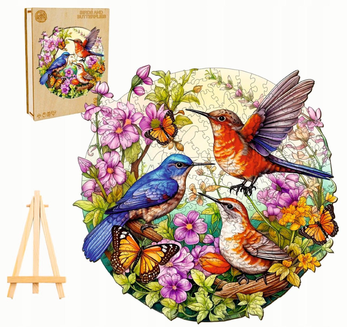 PUZZLE DREWNIANE DUŻE 290 ELEMENTÓW PTAKI I MOTYLE W DREWNIANYM PUDEŁKU