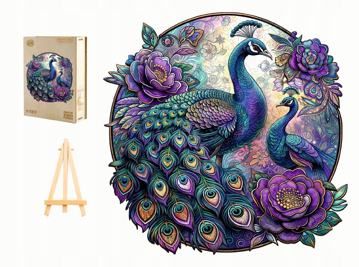 PUZZLE DREWNIANE DUŻE 290 ELEMENTÓW PIĘKNE PAWIE W DREWNIANYM PUDEŁKU