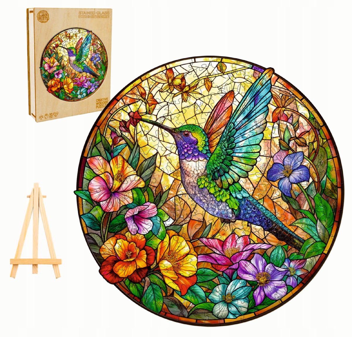 PUZZLE DREWNIANE DUŻE 300 ELEMENTÓW WITRAŻ KOLIBER W DREWNIANYM PUDEŁKU