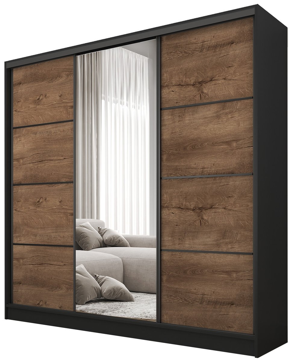 Szafa przesuwna z lustrem 200 cm BEST Dąb lefkas + Czarny