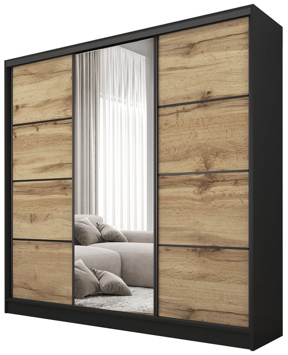 Szafa przesuwna z lustrem 200 cm BEST Dąb Artisan + Czarny