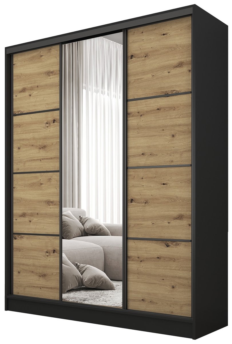 Szafa przesuwna z lustrem 160 cm BEST Dąb wotan + Czarny