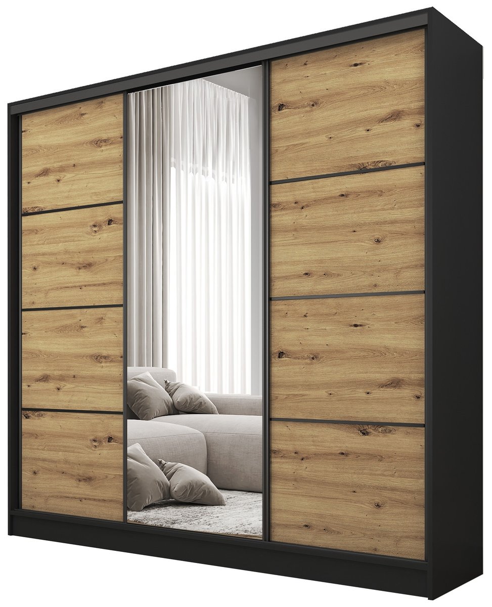 Szafa przesuwna z lustrem 180 cm BEST Dąb wotan + Czarny