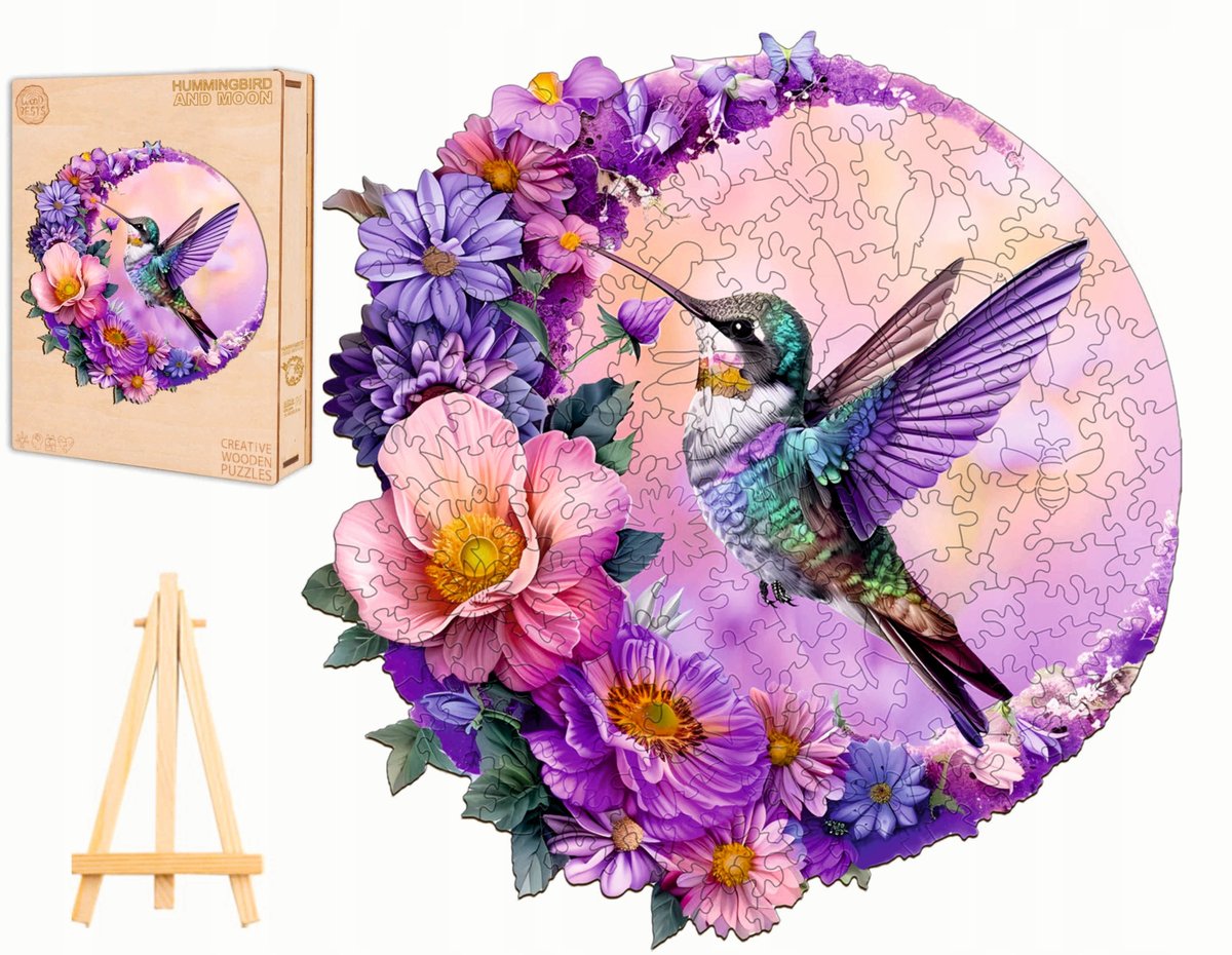 PUZZLE DREWNIANE DUŻE 280 ELEMENTÓW KOLIBER W LOCIE W DREWNIANYM PUDEŁKU