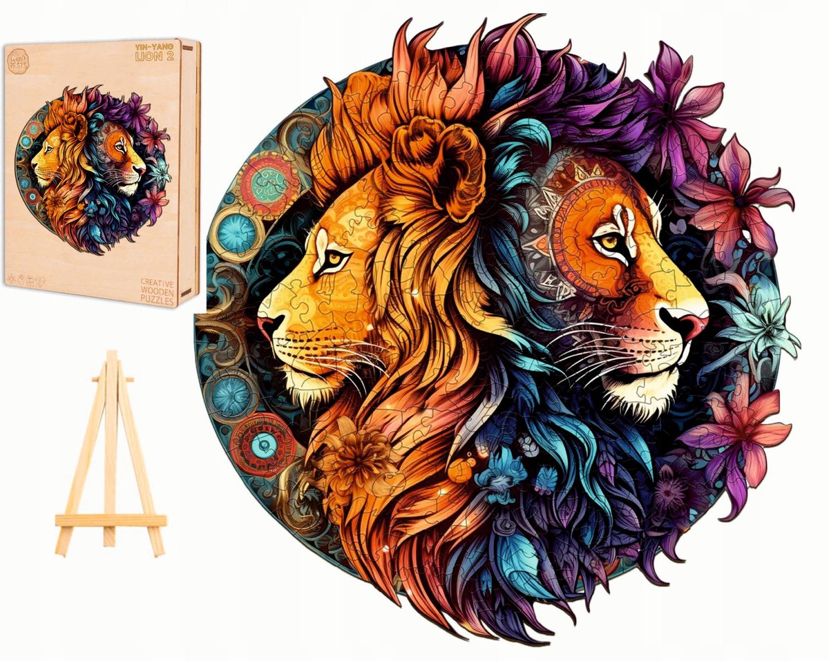 PUZZLE DREWNIANE DUŻE 300 ELEMENTÓW YING YANG LWY W DREWNIANYM PUDEŁKU