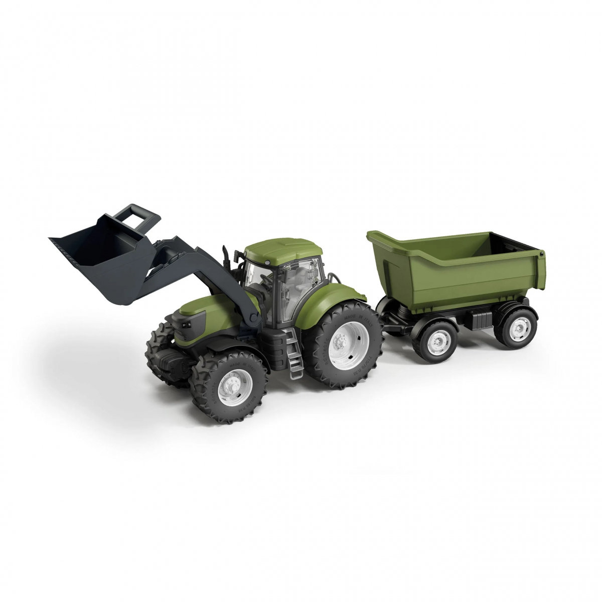 TRAKTOR DLA DZIECI ZIELONY Z ŁYŻKĄ I WYWROTKĄ W PUDEŁKU  SKALA 1:16
