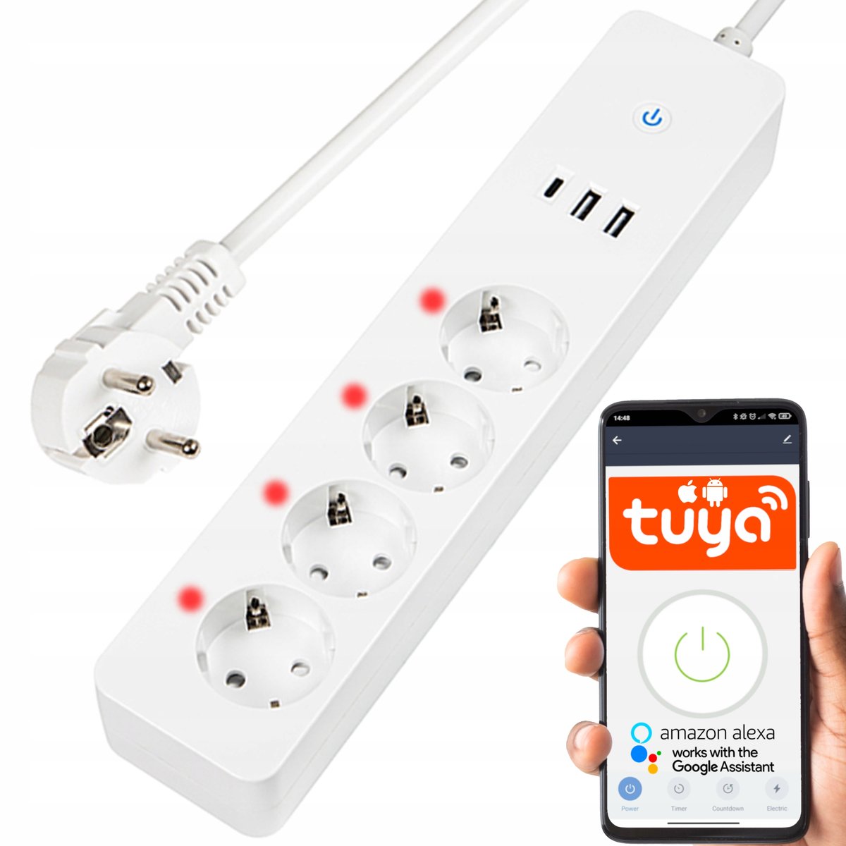 INTELIGENTNA LISTWA ZASILAJĄCA PRZEDŁUŻACZ 4 GNIAZDA 2x USB USB-C WiFi TUYA