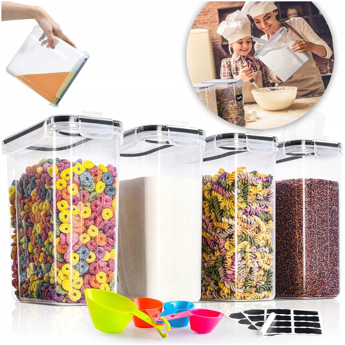 ZESTAW 4 POJEMNIK NA ŻYWNOŚĆ DUŻE BEZ BPA DO MIKROFALI ZMYWARKI + MIARKI