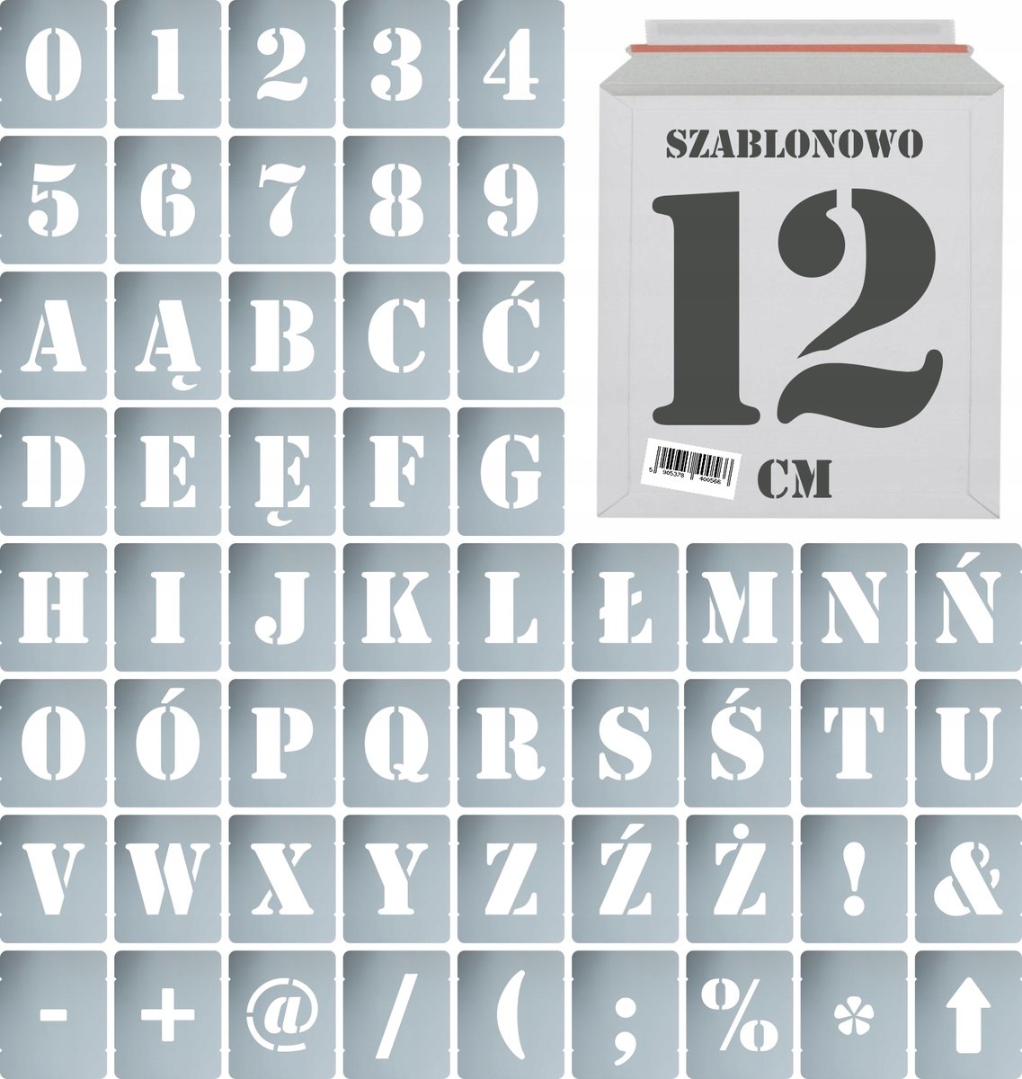 Szablony malarskie wielorazowe Litery Cyfry 12 cm komplet 56szt.