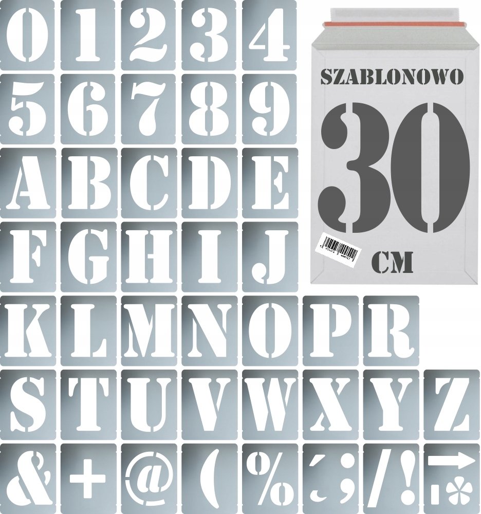Szablony malarskie wielorazowe alfabet Litery i Cyfry 30 cm Komplet 43 szt.