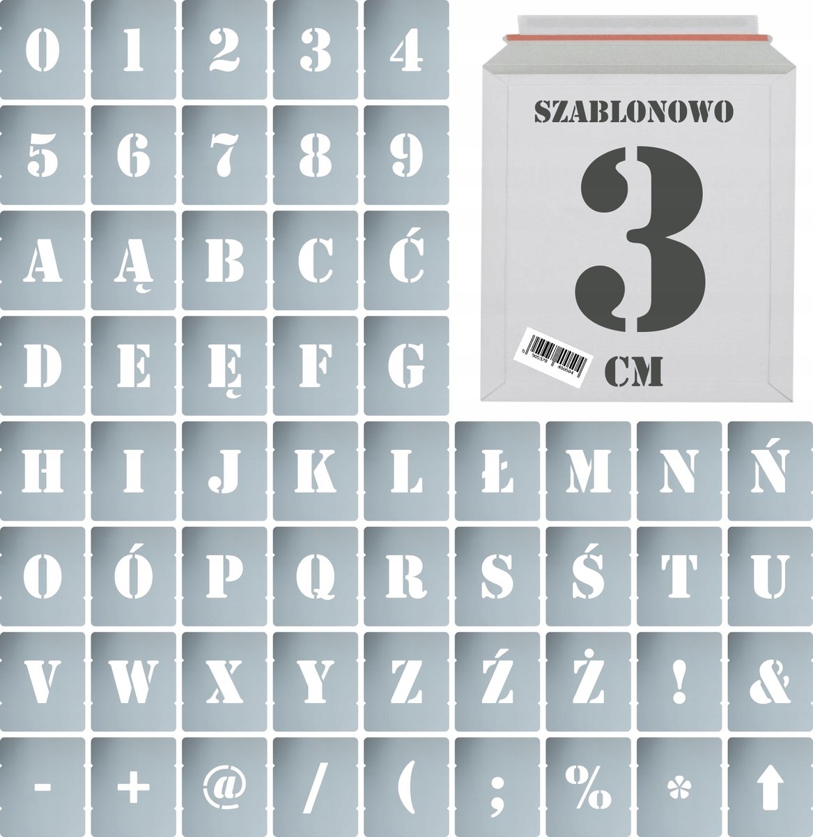Szablony malarskie wielorazowe Litery Cyfry 3 cm komplet 56szt.