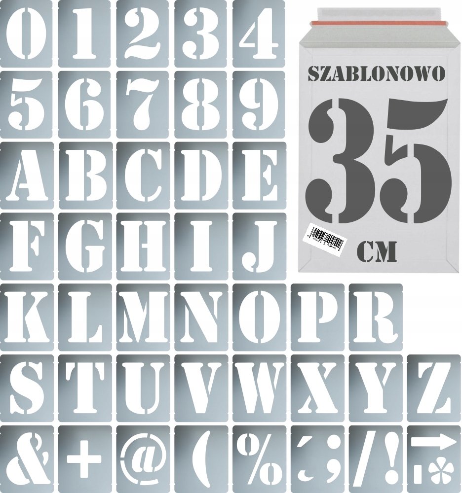 Szablony malarskie wielorazowe alfabet Litery i Cyfry 35 cm Komplet 43 szt.