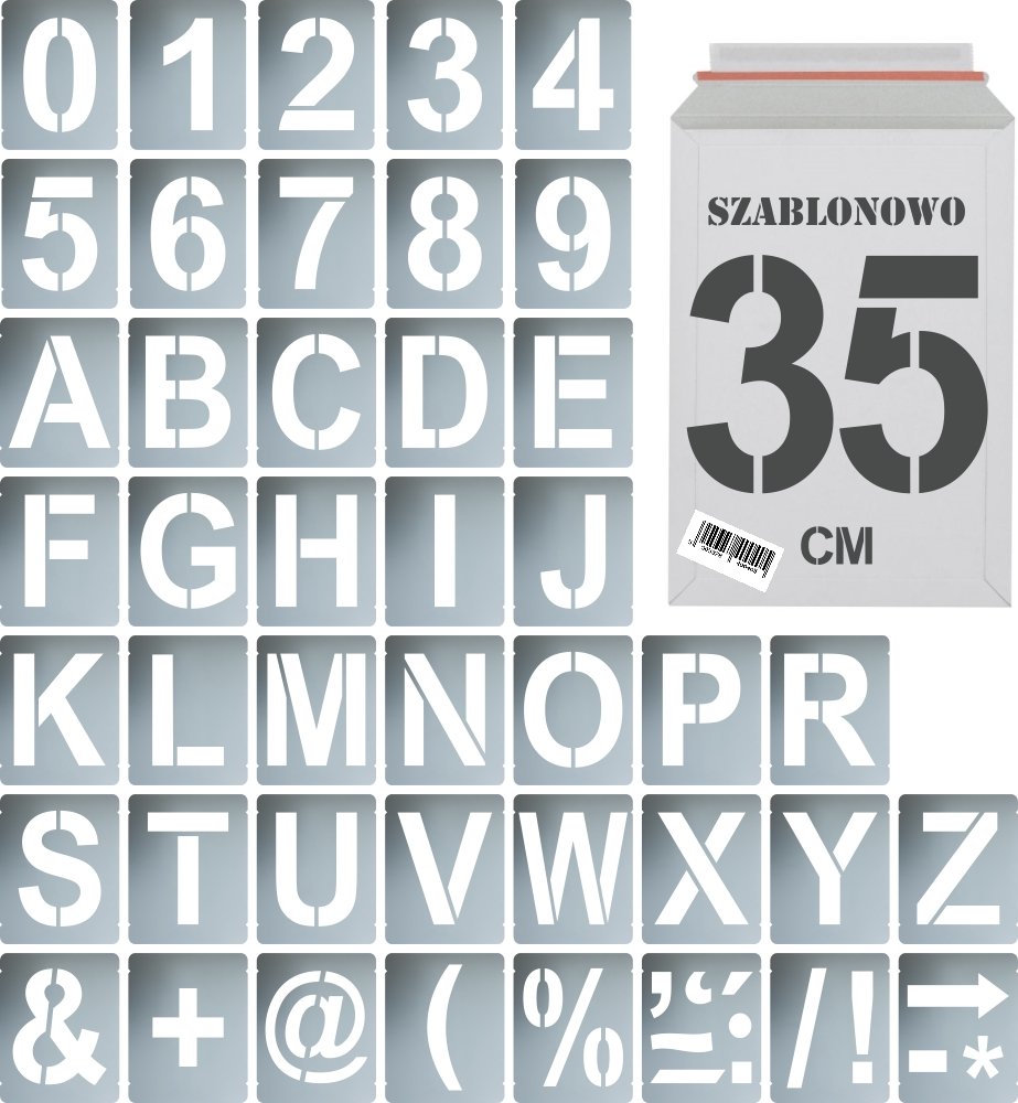 Szablony malarskie wielorazowe alfabet Litery i Cyfry 35 cm Zestaw 43 szt.