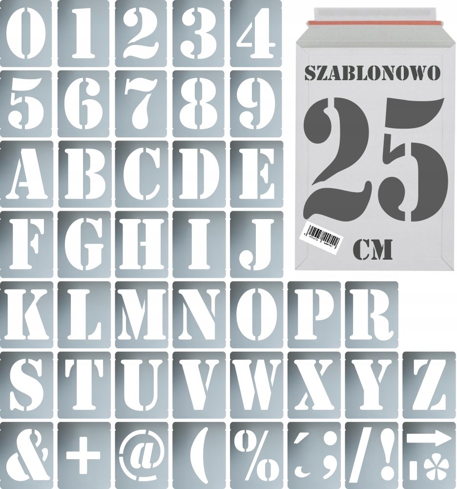 Szablony malarskie wielorazowe alfabet Litery i Cyfry 25 cm Komplet 43 szt.