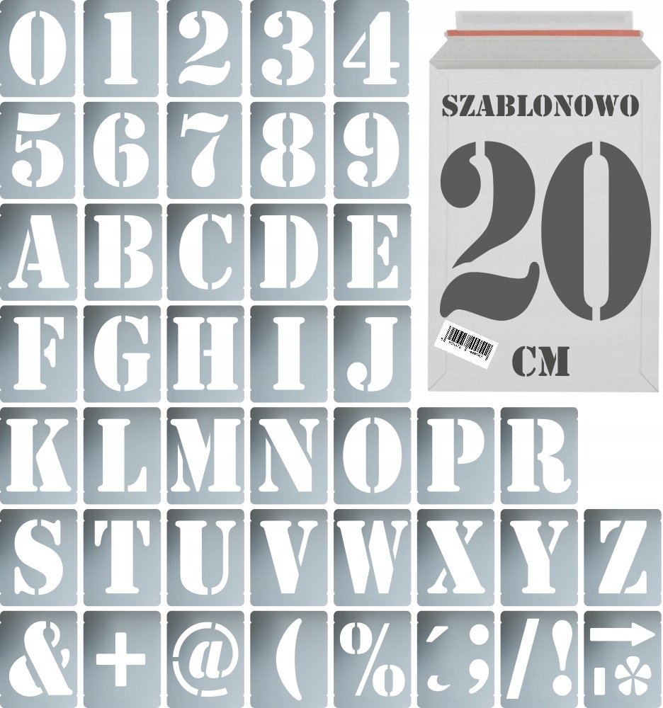 Szablony malarskie wielorazowe alfabet Litery i Cyfry 20 cm Komplet 43 szt.
