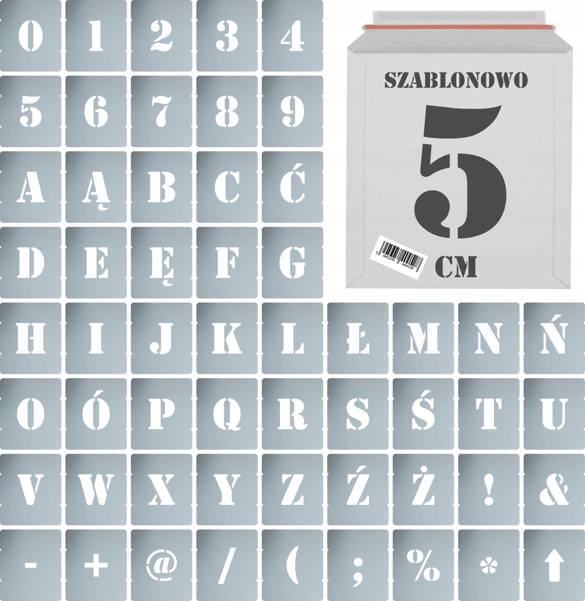 Szablony malarskie wielorazowe Litery Cyfry 5 cm komplet 56szt.