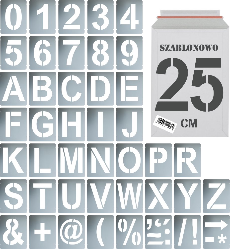 Szablony malarskie wielorazowe alfabet Litery i Cyfry 25 cm Zestaw 43 szt.