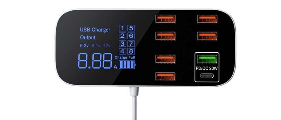 8W1 STACJA ŁADUJĄCA ładowarka ścienna - 6 X USB + 1x USB QC3.0 + 1xTYP C PD - 40W