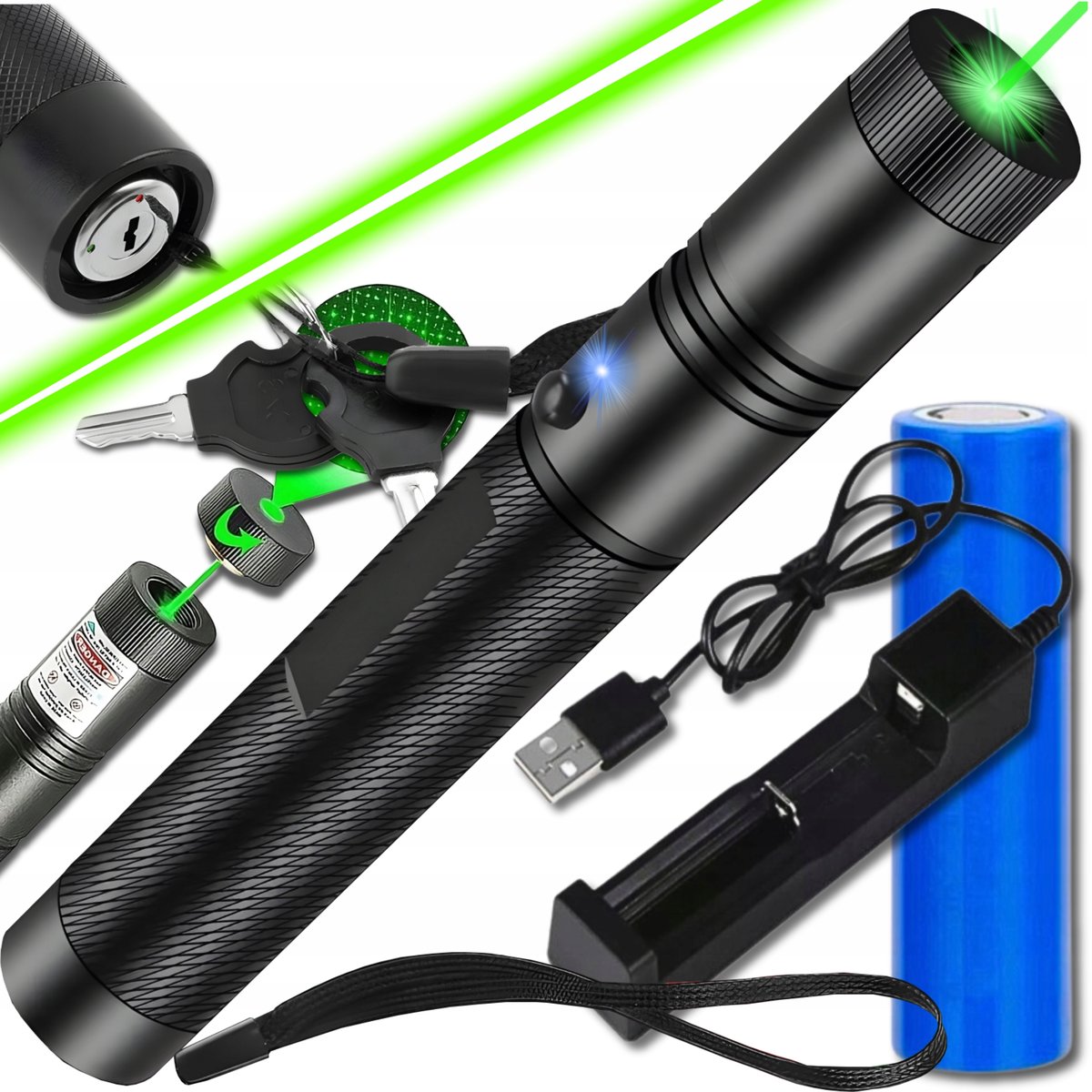 LASER ULTRA MOCNY WSKAŹNIK LASEROWY AKU ZIELONY POINTER DALEKI ZASIĘG 4w1