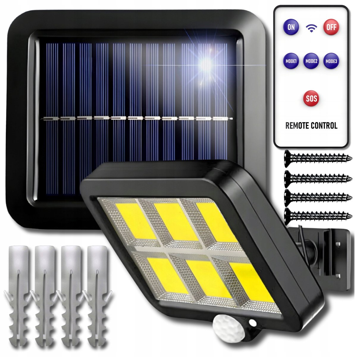 LAMPA SOLARNA Z CZUJNIKIEM RUCHU ZMIERZCHU ULICZNA OGRODOWA PANEL + PILOT