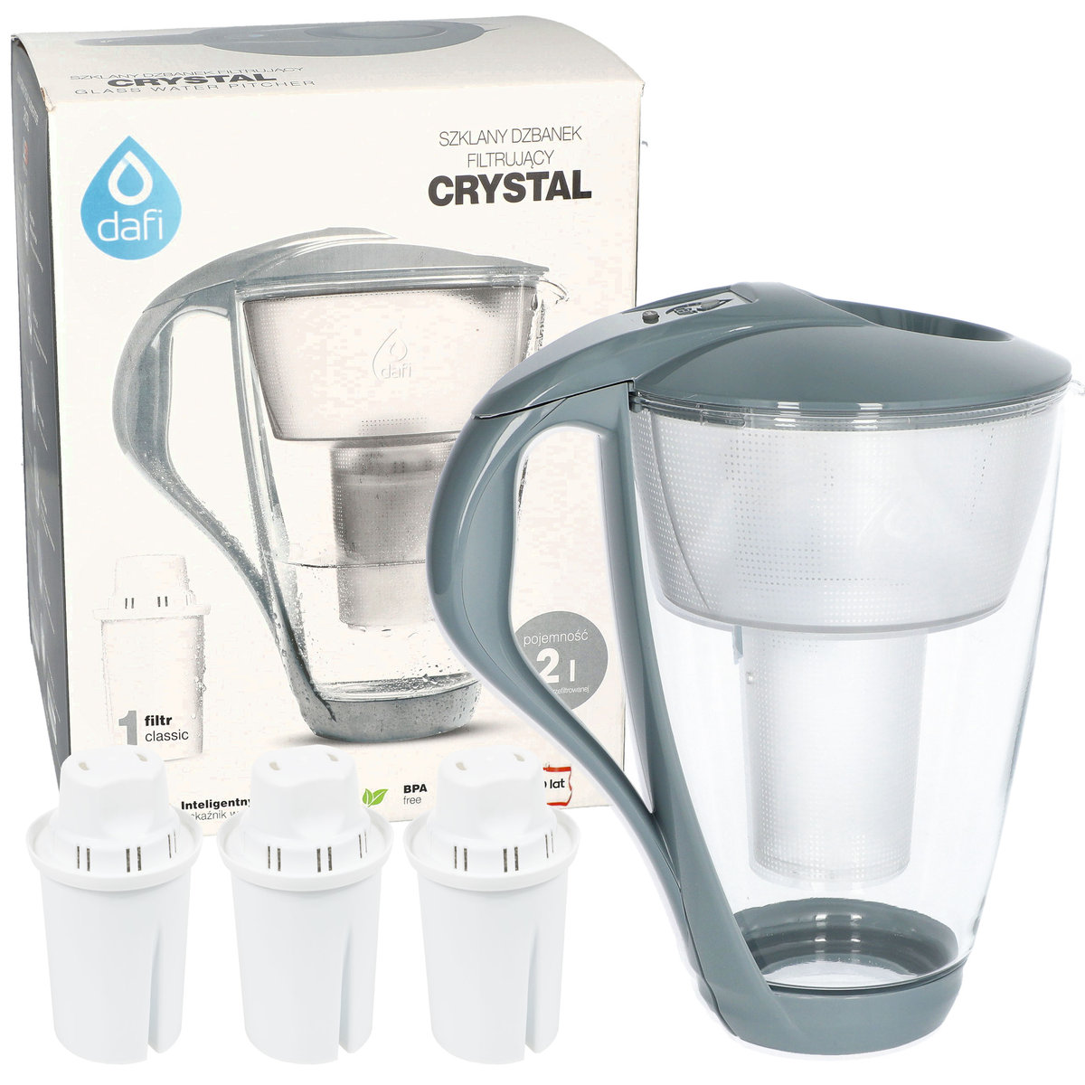 Dzbanek filtrujący szklany Dafi Crystal szary + 3x Filtr Wkład filtrujący