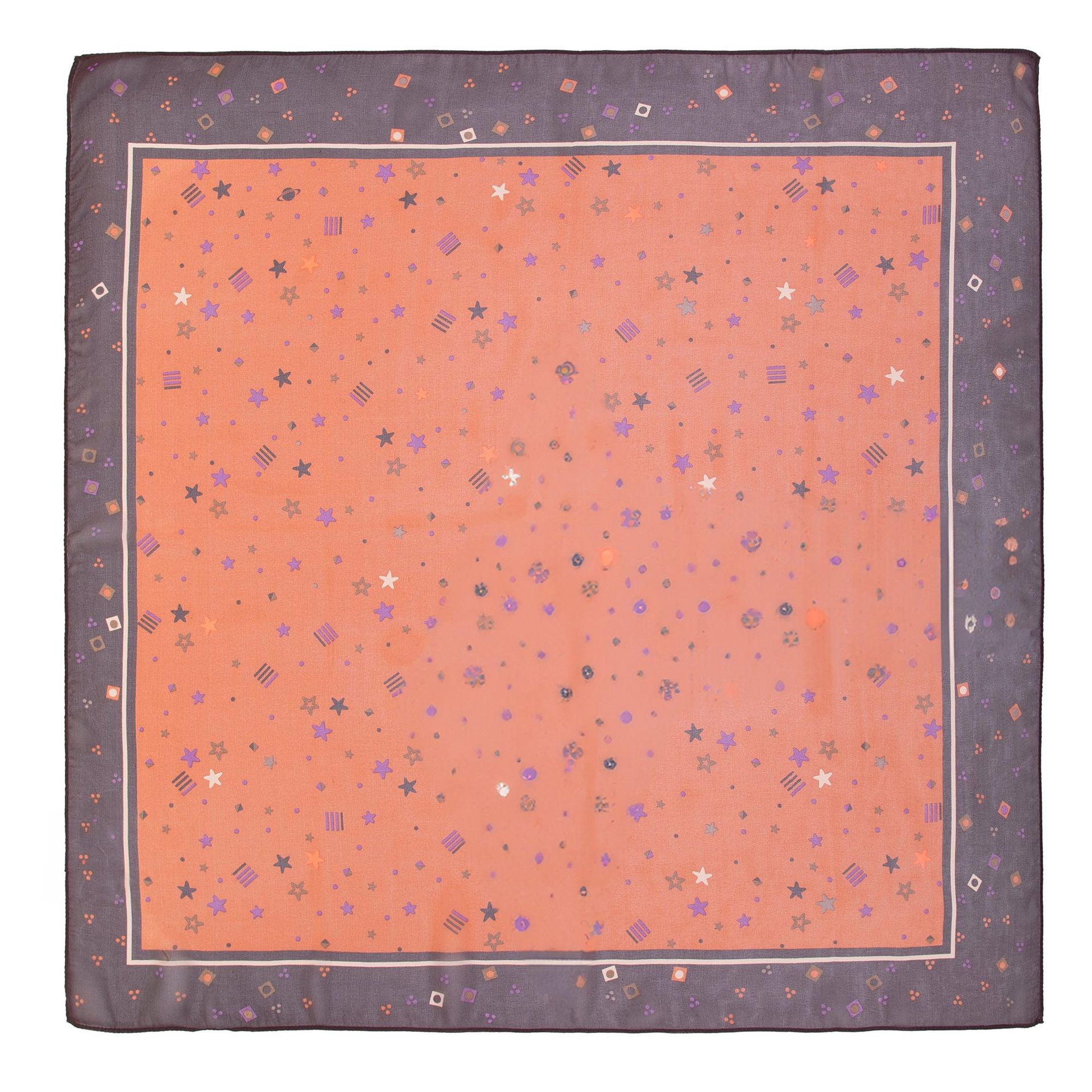 Wzorzysta damska apaszka z jedwabiu brązowo - pomarańczowa